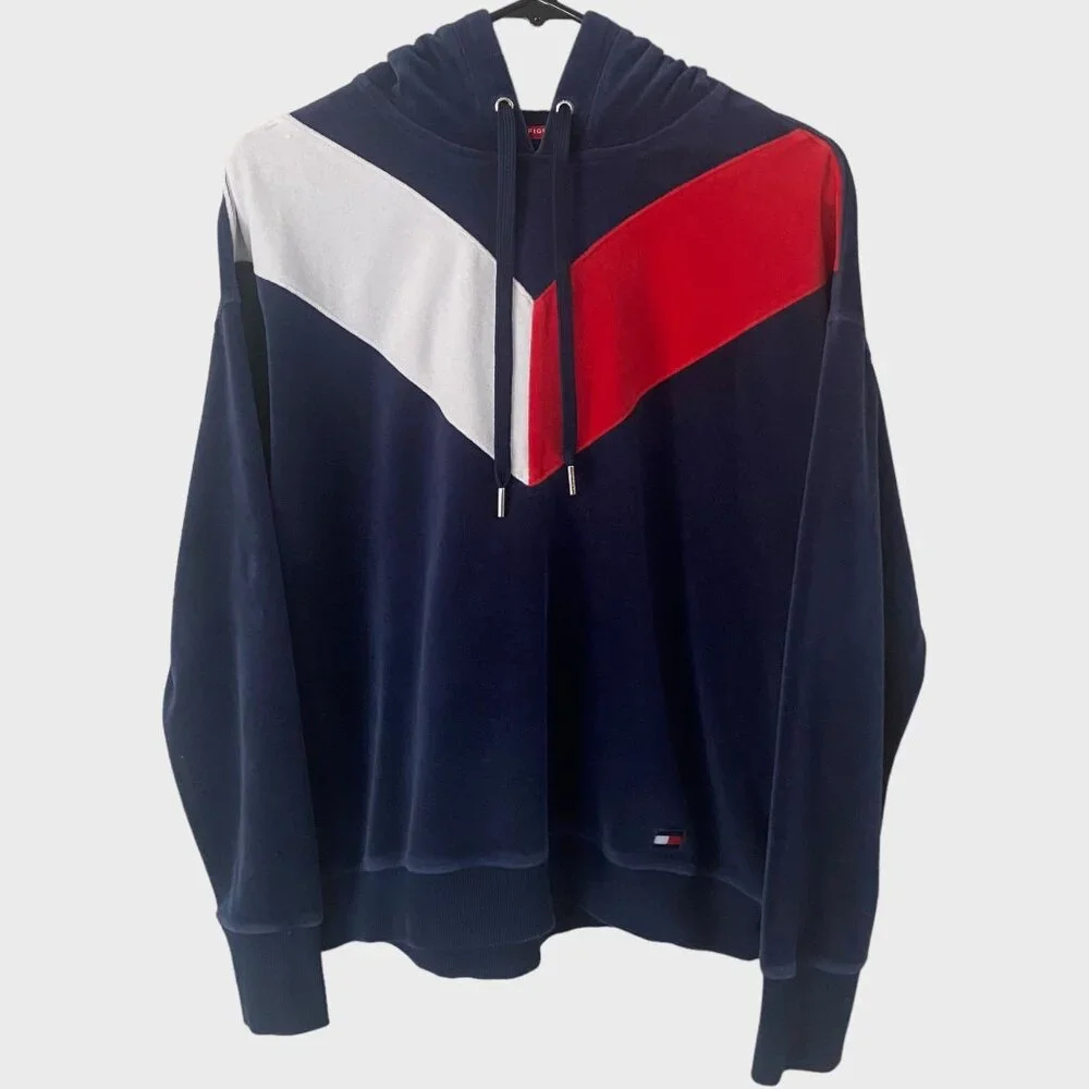 Y2K Tommy Hilfiger Sport Velour Chevron Hoodie Sweatshirt Blue Women's Medium - Picture 1 of 13